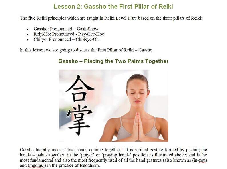 May include: A woman with her eyes closed is meditating with her hands in a prayer position. The Japanese characters for "Gassho" are shown in the background. The text reads "Gassho - Placing the Two Palms Together".