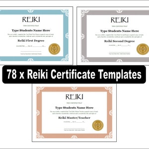 Könnte beinhalten: Drei druckbare Reiki-Zertifikatsvorlagen. Die Zertifikate sind in den Farben Blau, Grau und Pfirsich mit goldenen Akzenten. Der Text auf den Zertifikaten lautet "Reiki" und "Dies bescheinigt, dass". Die Zertifikate sind für Reiki-Ersten Grades, Reiki-Zweiten Grades und Reiki-Meister/Lehrer.