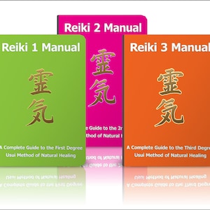 May include: Three books titled "Reiki 1 Manual", "Reiki 2 Manual", and "Reiki 3 Manual". Each book has a green, pink, and orange cover, respectively. The books feature a gold Japanese symbol on the front cover.