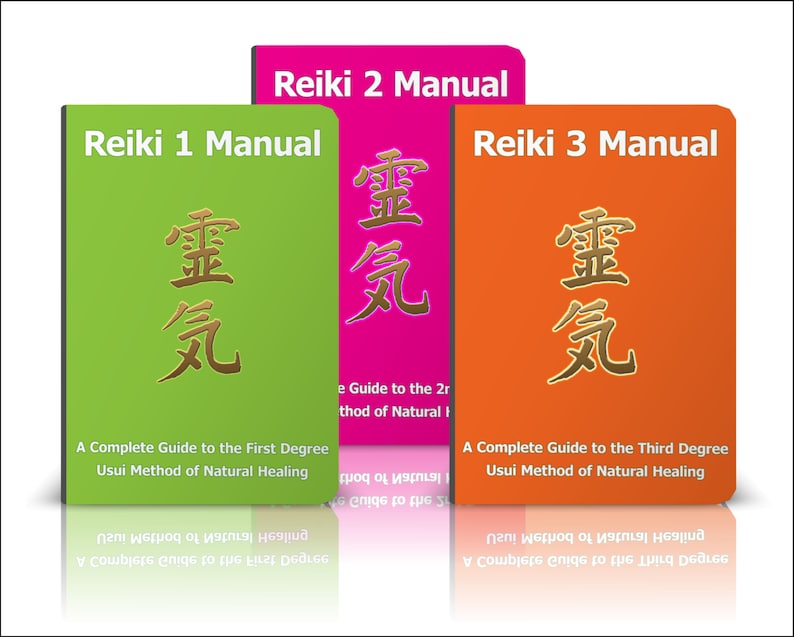 May include: Three books titled "Reiki 1 Manual", "Reiki 2 Manual", and "Reiki 3 Manual". Each book has a green, pink, and orange cover, respectively. The books feature a gold Japanese symbol on the front cover.