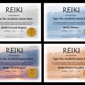 Plantillas de certificado de Reiki editables - 24 x Reiki Nivel 1, 2, Maestro y Maestro/Profesor (Editable) - Diseño profesional.