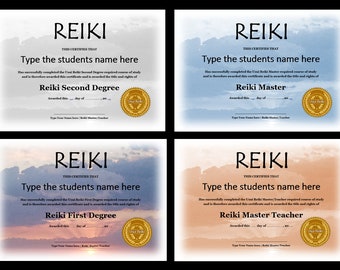 Bewerkbare Reiki-certificaatsjablonen - 24 x Reiki Level 1, 2, Master en Master/Teacher (bewerkbaar) - Professioneel ontworpen.