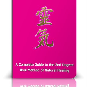 May include: A pink book titled "Reiki 2 Manual" with gold Japanese characters and the text "A Complete Guide to the 2nd Degree Usui Method of Natural Healing".