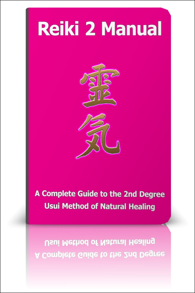 May include: A pink book titled "Reiki 2 Manual" with gold Japanese characters and the text "A Complete Guide to the 2nd Degree Usui Method of Natural Healing".