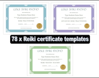 78 Reiki Certificate Templates Editable | Reiki Level 1 2 3 Master Teacher Certificates | A4 & Letter | OpenOffice ODT Digital Download