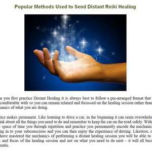 May include: A hand with glowing stars above it, illustrating the concept of distant Reiki healing. The text below the image explains that practice makes permanent and that learning to send Reiki is similar to learning to drive a car.