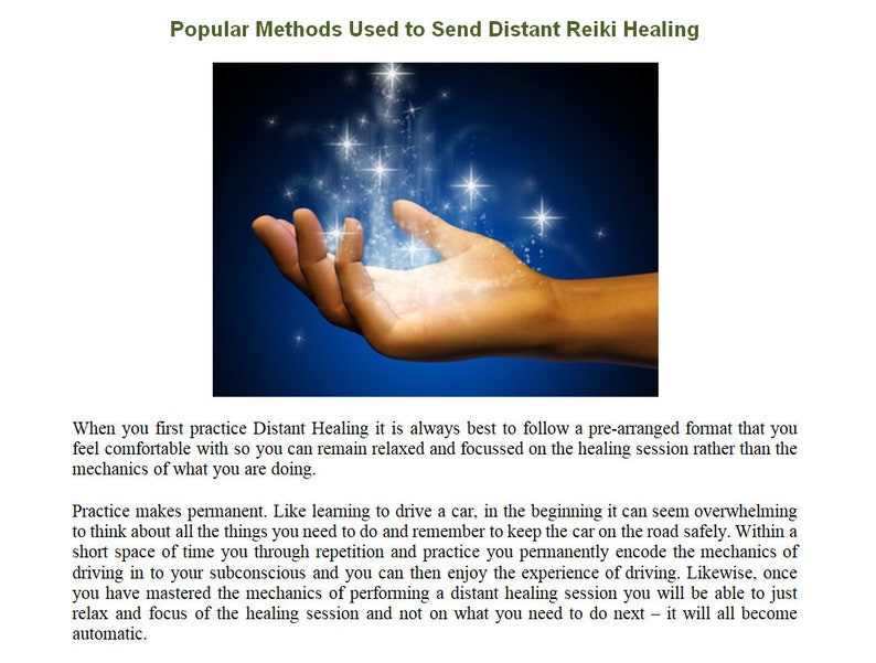 May include: A hand with glowing stars above it, illustrating the concept of distant Reiki healing. The text below the image explains that practice makes permanent and that learning to send Reiki is similar to learning to drive a car.