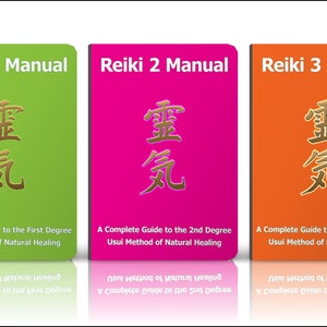 May include: Three books titled "Reiki 1 Manual", "Reiki 2 Manual", and "Reiki 3 Manual". Each book is green, pink, and orange respectively and features a gold Japanese symbol and the text "A Complete Guide to the First Degree Usui Method of Natural Healing", "A Complete Guide to the 2nd Degree Usui Method of Natural Healing", and "A Complete Guide to the Third Degree Usui Method of Natural Healing".