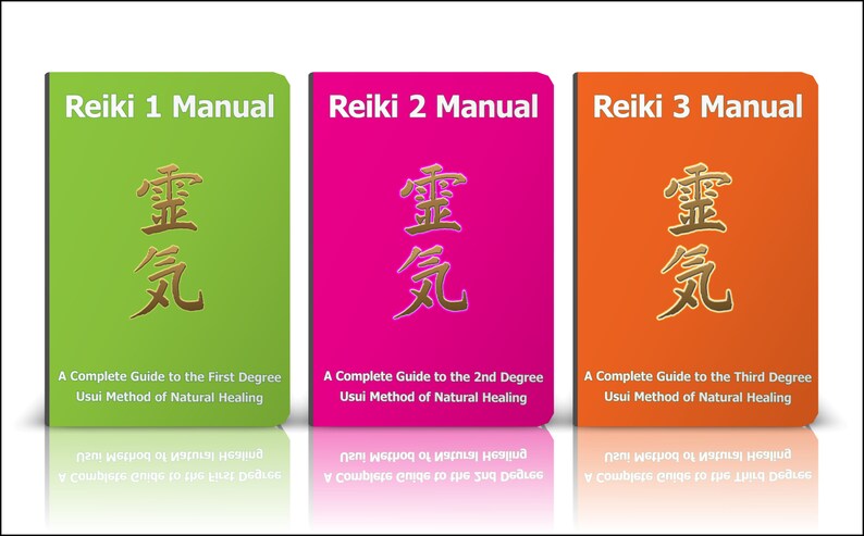May include: Three books titled "Reiki 1 Manual", "Reiki 2 Manual", and "Reiki 3 Manual". Each book is green, pink, and orange respectively and features a gold Japanese symbol and the text "A Complete Guide to the First Degree Usui Method of Natural Healing", "A Complete Guide to the 2nd Degree Usui Method of Natural Healing", and "A Complete Guide to the Third Degree Usui Method of Natural Healing".