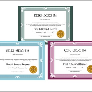 May include: Three certificates with ornate borders, each with the text "REIKI-SEICHIM" and "First & Second Degree" in gold lettering. The certificates are in different colours: green, blue, and pink.