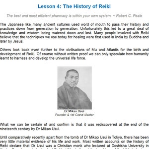 May include: Black and white photograph of Dr. Mikao Usui, the founder of Reiki, with the text "Dr. Mikao Usui Founder & 1st Grand Master" below the photo. The text "Lesson 4: The History of Reiki" is at the top of the page.