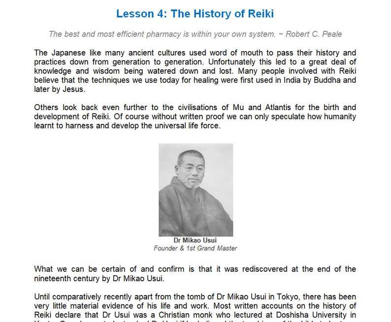 May include: Black and white photograph of Dr. Mikao Usui, the founder of Reiki, with the text "Dr. Mikao Usui Founder & 1st Grand Master" below the photo. The text "Lesson 4: The History of Reiki" is at the top of the page.