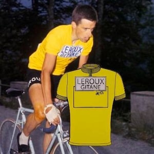 May include: A cyclist in a yellow jersey with the text "LEROUX GITANE" rides a bicycle. The jersey is displayed next to the cyclist. The cyclist wears black shorts and white gloves.