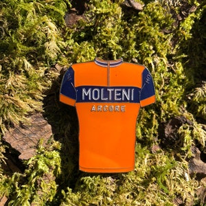 May include: Orange and blue cycling jersey enamel pin with the text "MOLTENI ARCORE".