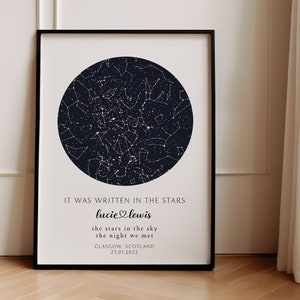 May include: A black and white star map print with the text "IT WAS WRITTEN IN THE STARS lucie lewis the stars in the sky the night we met GLASGOW, SCOTLAND 23.01.2022"