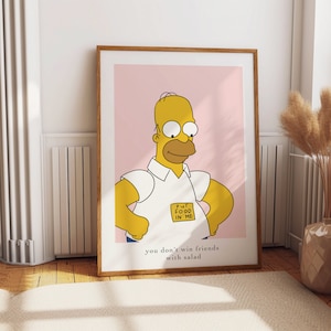 Simpsons Print Wall Art - FAN ART You Don't Win Friends With Salad The Simpsons Homer Donut Kitchen Funny Print TV Show Framed Customised