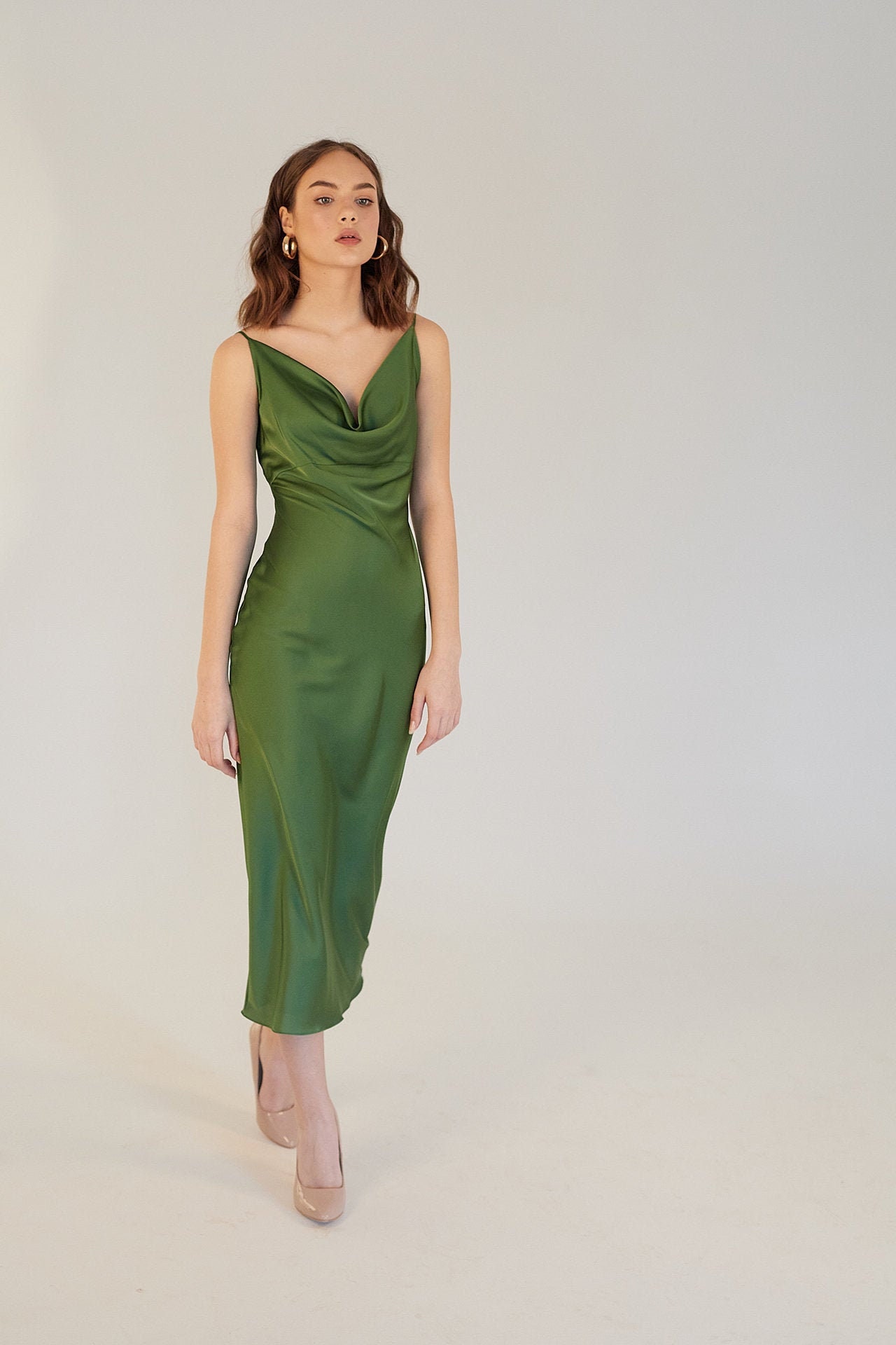 green satin slip dress