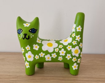 Hand-painted cute quirky cat figure / Daisy cat / Cat art / Handmade