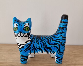 Hand-painted cute quirky cat figure / Blue tiger cat / Cat art / Handmade