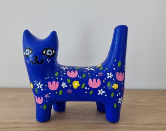 Hand-painted cute quirky cat figure / Flower cat / Cat art / Handmade