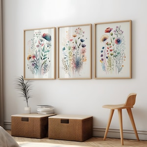 Set Of 3 Colorful Wildflower Wall Art, Bright Floral Prints, Digital Download, Printable Flower Watercolors, Digital Art