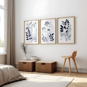 Set of 3 Navy Blue Botanical, Botanical Plant Drawings Wall Art Set, Navy Blue branches and leaves, Botany art print, Indigo blue decor