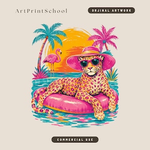 Summer Leopard PNG, Tropical Pool Float Shirt Design, Pink Hat Leopard Sublimation, Beach Vacation Clipart, Retro Digital Download Art