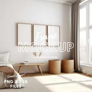 3 Frame Interior Mockup, Wall Art Frame Mockup Set Of 3 - Living Room Mockup - With Reflection - PSD - Smart Object Mockup, Digital