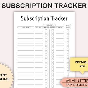 Editable Subscription Tracker Printable, Membership Checklist, Expense Tracker, Budget Template, A4/A5/Letter, Instant Download PDF