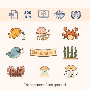 May include: A set of nine colorful cartoon illustrations featuring sea creatures playing musical instruments. The illustrations include a fish singing into a microphone, a jellyfish playing a harp, a crab playing drums, a whale singing, a banner that says "Shellabration!" seaweed, a pair of speakers, a clam with a light shining from it, and a clam with a light shining from it and musical notes.