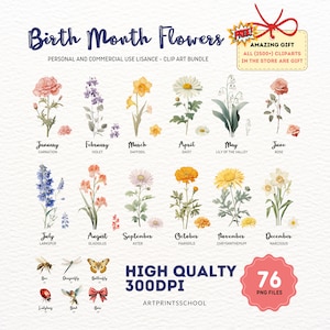 Pacote de clipart de flores do mês de nascimento, PNG floral antigo em aquarela, kit criador de impressão de flores do mês de nascimento DIY, gráfico de buquê de flores, digital