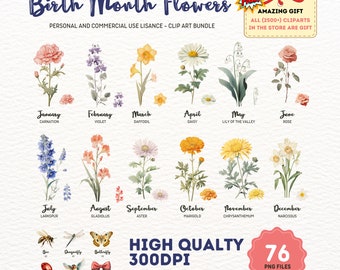 Birth Month Flowers Clipart Bundle: Watercolor Floral PNG (Digital Download)