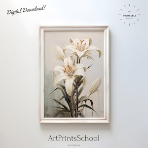 Vintage White Lily Print: Rustic Floral Oil Painting (Digital Download)