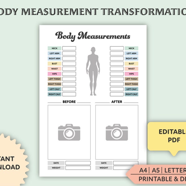 Editable Body Measurement Tracker, Printable, Weight Loss Tracker, Body Measurement Chart, Fitness Planner, Weight Loss Transformation