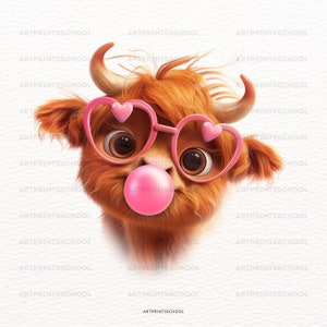Highland Cow Png, Highland Cow Clipart, Cow blowing bubblegum Sublimation, Highland Cow with sunglasses, Sublimation Designs, Cute Cow Png
