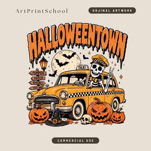Halloweentown PNG, Halloween Taxi Skeleton Shirt Design, Retro Pumpkin Town Graphic, Vintage Spooky Driver Sublimation File for Fall
