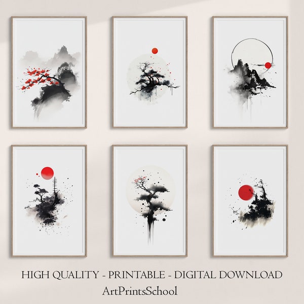 Abstract Japanese Flag Infused Landscapes Prints, Wabi Sabi,  Japandi Wall Art, Set of 3 Japanese Poster, Minimalist Poster, Japandi Art
