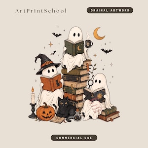 May include: An illustration titled ArtPrintSchool featuring three ghosts in white sheets reading books. One ghost sits on a stack of books holding a mug, another wears a witch hat, and the third holds a magnifying glass. Includes a black cat, pumpkin, candle, and bats.