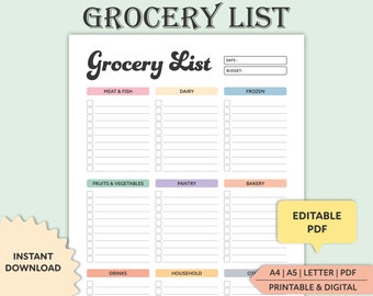 Editable Grocery List, Shopping List, Printable Meal Planner, Grocery List Template, Groceries List, Digital PDF, Grocery Checklist