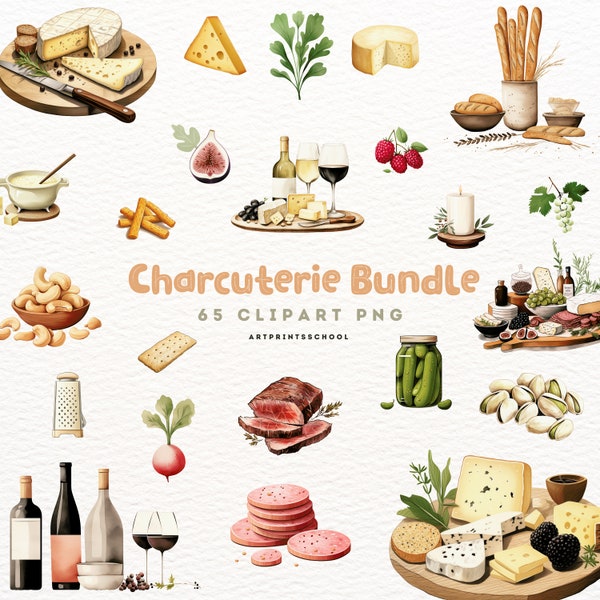 Charcuterie Clipart Bundle, Cheese Board Clipart, Instant Digital Download, Scandinavian Clipart, Commercial Use Art, Charcuterie Boards PNG