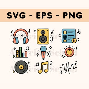 Music and Sound Svg Clipart Set | SVG, EPS, PNG Files | Colorful Doodle Style Audio Elements for Creators and Planners