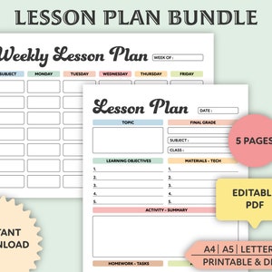 Editable Lesson Plan Template, Printable, Weekly Lesson Planner, Homeschool Teacher Planner, Weekly, Daily Plans, Academic Schedule image 1