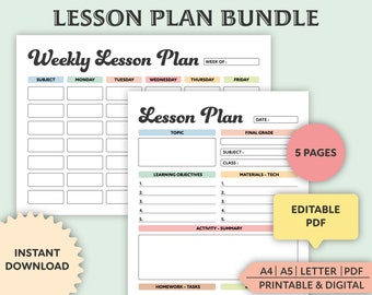 Editable Lesson Plan Template, Printable, Weekly Lesson Planner, Homeschool Teacher Planner, Weekly, Daily Plans, Academic Schedule