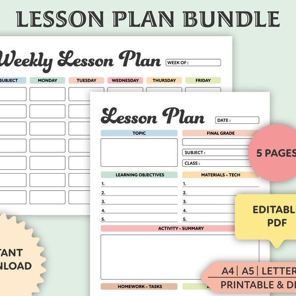 Editable Lesson Plan Template, Printable, Weekly Lesson Planner, Homeschool Teacher Planner, Weekly, Daily Plans, Academic Schedule