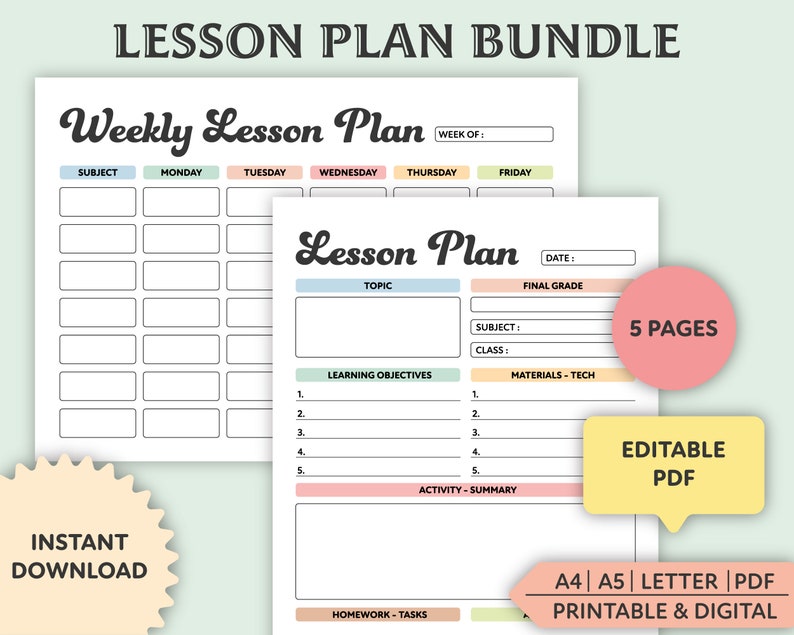 Editable Lesson Plan Template, Printable, Weekly Lesson Planner, Homeschool Teacher Planner, Weekly, Daily Plans, Academic Schedule image 1
