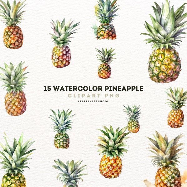 Pineapples Watercolor Clipart, 15 High Quality PNG, Nursery Art | Card Making, Clip Art, Digital Paper Craft, Watercolor Painting