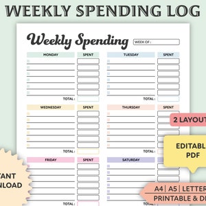 Editable Weekly Spending Tracker, Printable, Expense Tracker, Spending Log, Purchase Recorder, Transaction Log, A4, A5, Letter, PDF