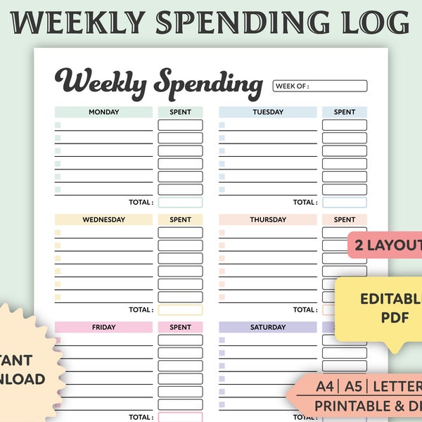 Editable Weekly Spending Tracker, Printable, Expense Tracker, Spending Log, Purchase Recorder, Transaction Log, A4, A5, Letter, PDF