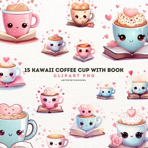 Kawaii Kaffeetasse mit Bücher Clipart Bundle, Buch Clipart, kommerzielle Nutzung, digitaler Download, Kawaii Clipart, Kartenherstellung, Clip Art, 4K PNG