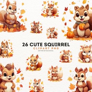 Ensemble de cliparts d’écureuils mignons, 26 art animalier d’automne, PNG, 10 cliparts d’animaux de bébé, dessins d’artisanat numérique transparents, éléments d’automne, numérique